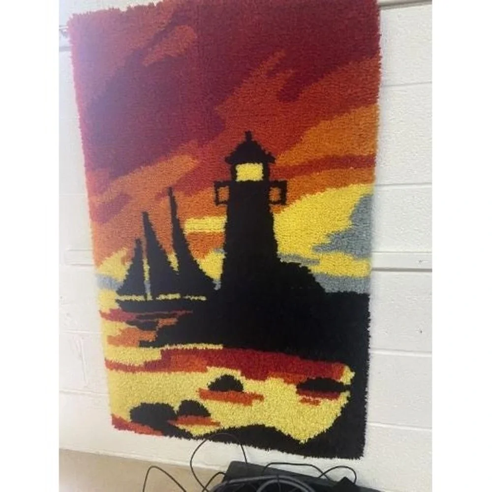 Vintage Boat & Lighthouse Latch Hook Rug/Tapestry Wall Hanger L28xH43